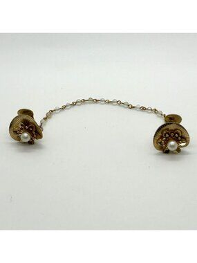 Vintage Mid-Century Gold Tone Faux Pearl Sweater Clip Guard Cardigan Holder